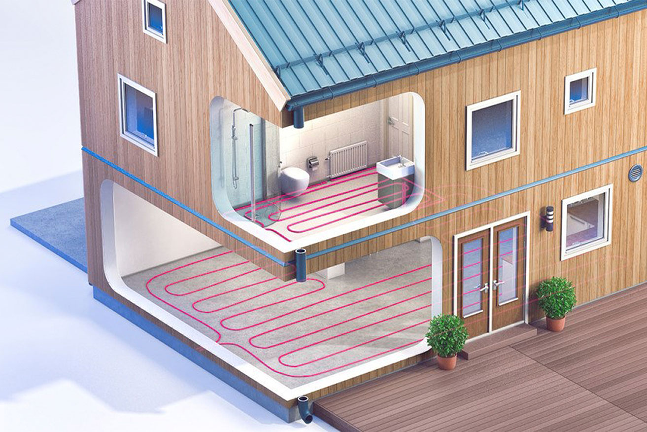 Illustrasjon av bolig med vannbåren varme i rør